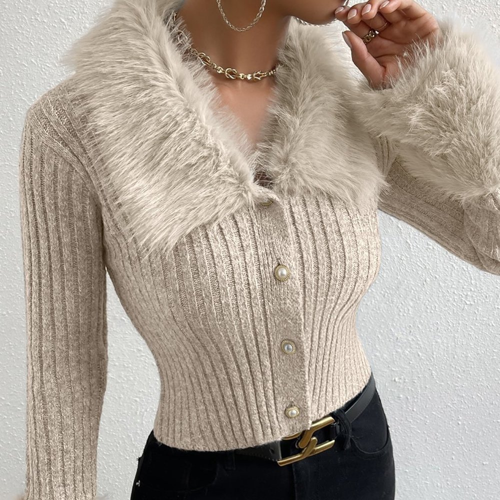 Apricot Preppy Womens Fuzzy Collar Ribbed Knit Cardigan - Picture 3 of 4